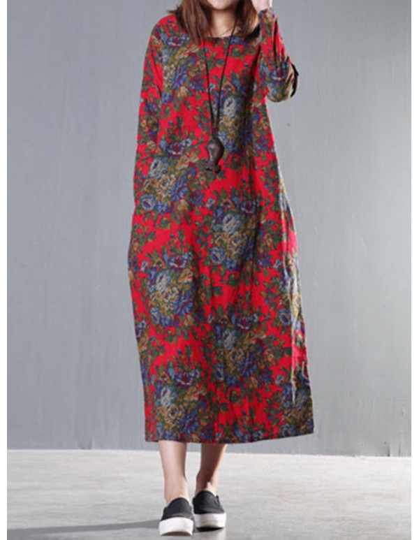 Vintage Women Long Sleeve Floral Printed Maxi Loose Dress