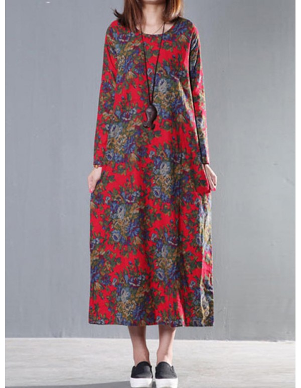 Vintage Women Long Sleeve Floral Printed Maxi Loose Dress