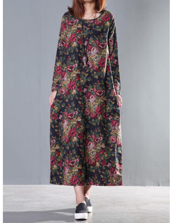 Vintage Women Long Sleeve Floral Printed Maxi Loose Dress