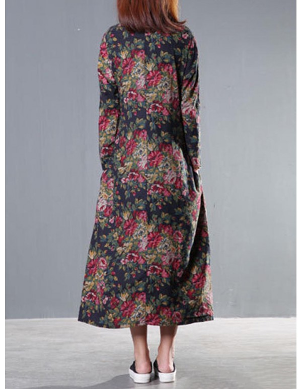 Vintage Women Long Sleeve Floral Printed Maxi Loose Dress