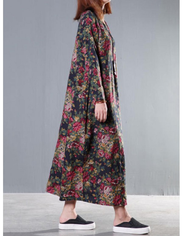 Vintage Women Long Sleeve Floral Printed Maxi Loose Dress