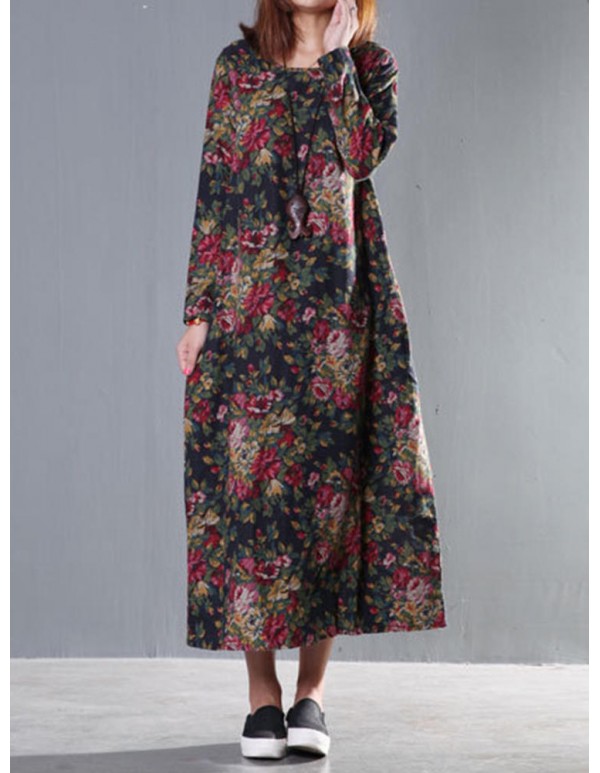 Vintage Women Long Sleeve Floral Printed Maxi Loose Dress