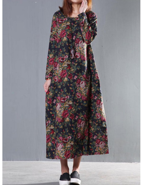 Vintage Women Long Sleeve Floral Printed Maxi Loose Dress