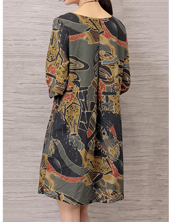 Vintage Women Floral Printed Long Sleeve Loose Dresses