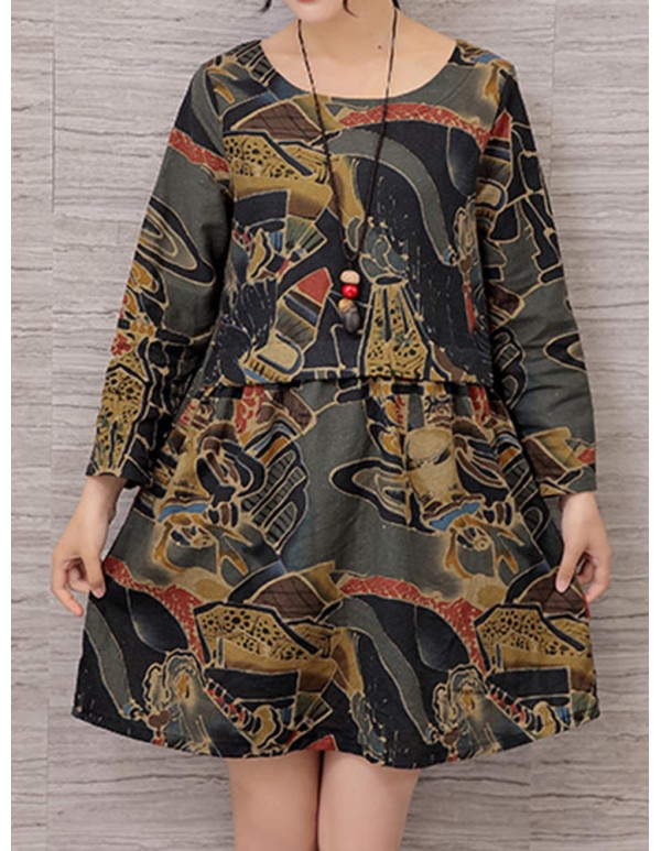 Vintage Women Floral Printed Long Sleeve Loose Dresses