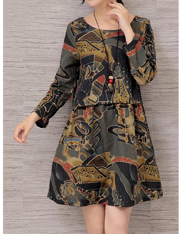 Vintage Women Floral Printed Long Sleeve Loose Dresses