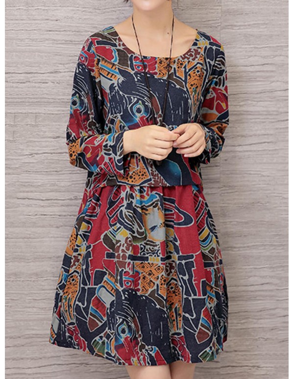 Vintage Women Floral Printed Long Sleeve Loose Dresses