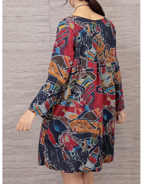 Vintage Women Floral Printed Long Sleeve Loose Dresses