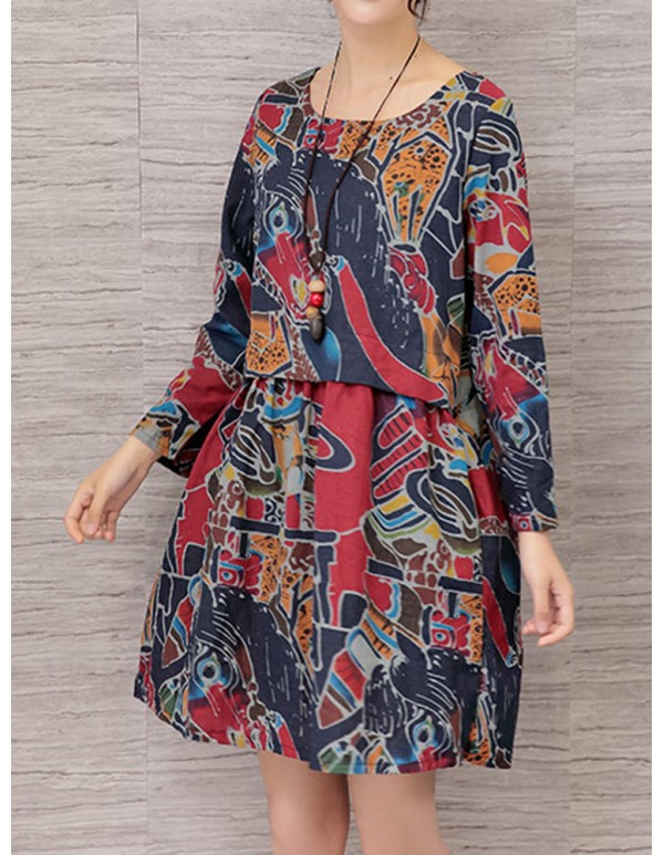 Vintage Women Floral Printed Long Sleeve Loose Dresses