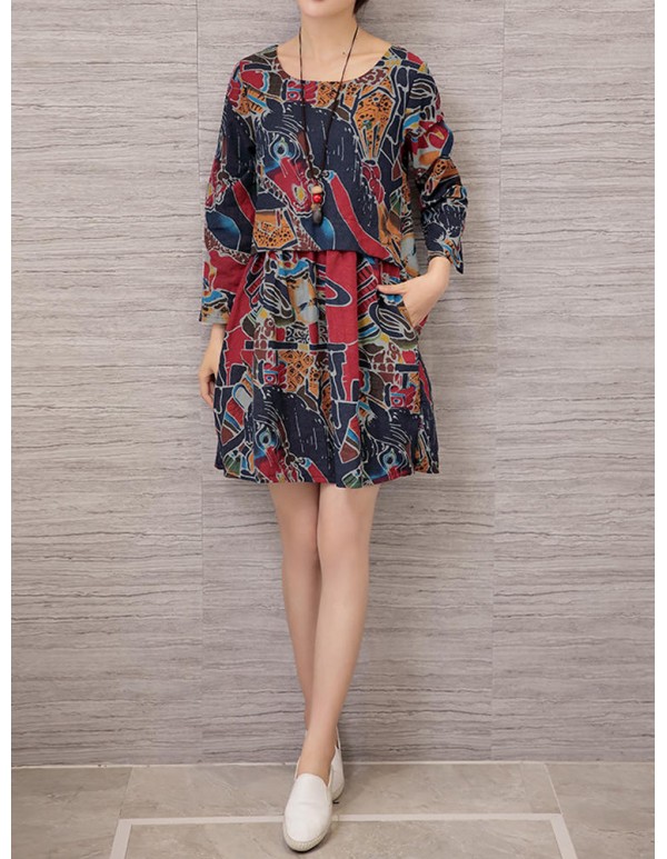 Vintage Women Floral Printed Long Sleeve Loose Dresses