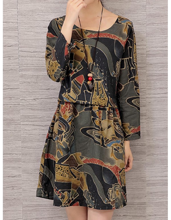 Vintage Women Floral Printed Long Sleeve Loose Dresses