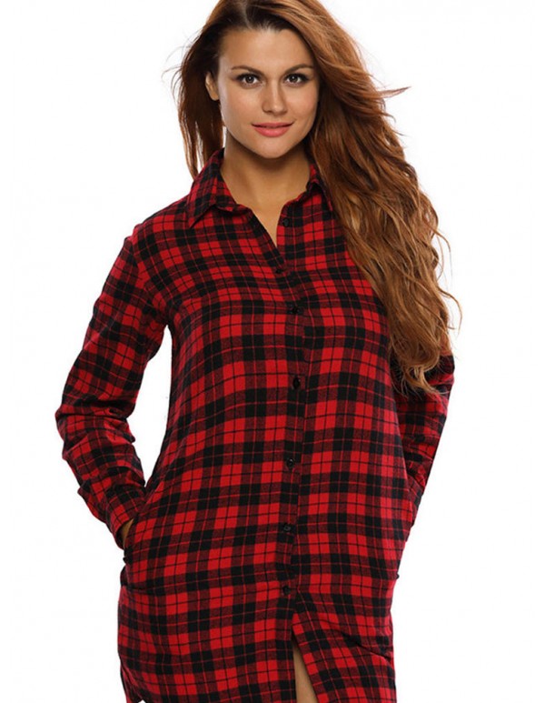 Sexy Women Plaid Button Long Sleeve Turn-down Collar Mini Shirt Dress