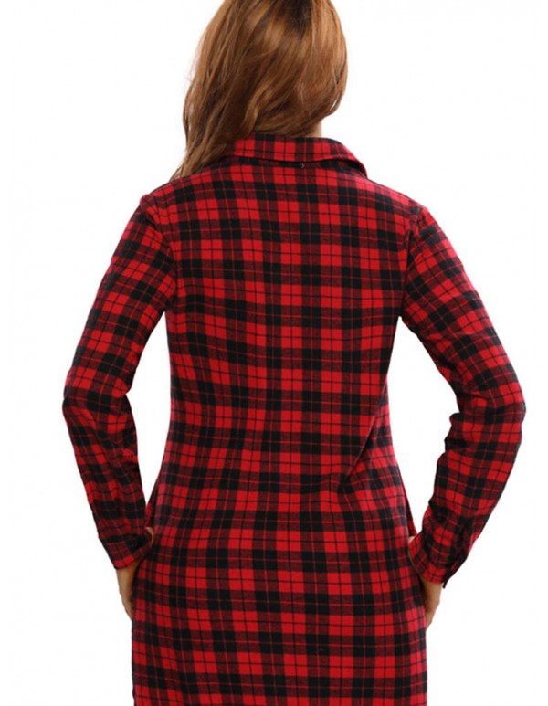 Sexy Women Plaid Button Long Sleeve Turn-down Collar Mini Shirt Dress