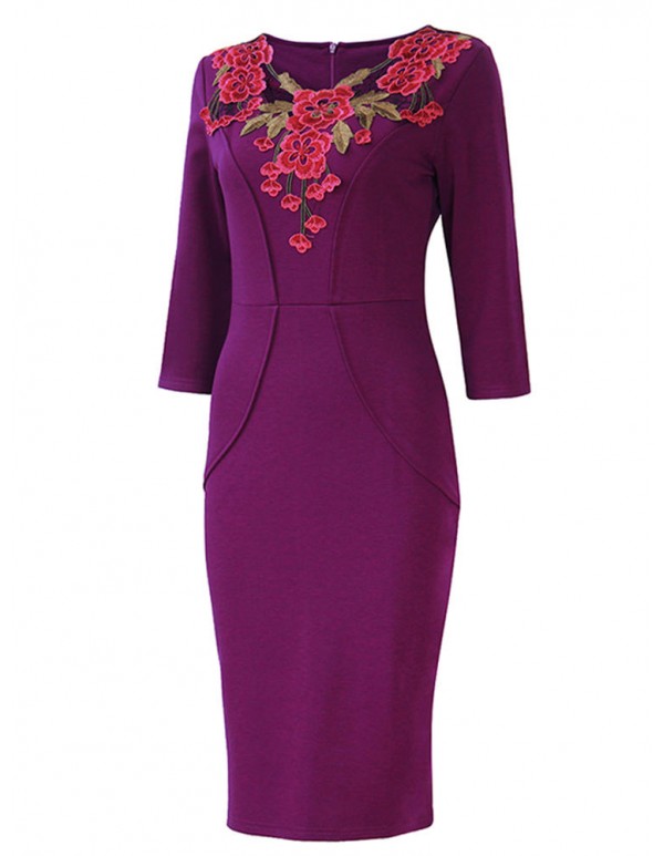 Vintage Rose Embroidery 3/4 Sleeve Work Cocktail Women Pencil Dress