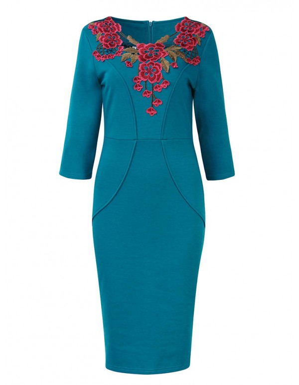 Vintage Rose Embroidery 3/4 Sleeve Work Cocktail Women Pencil Dress