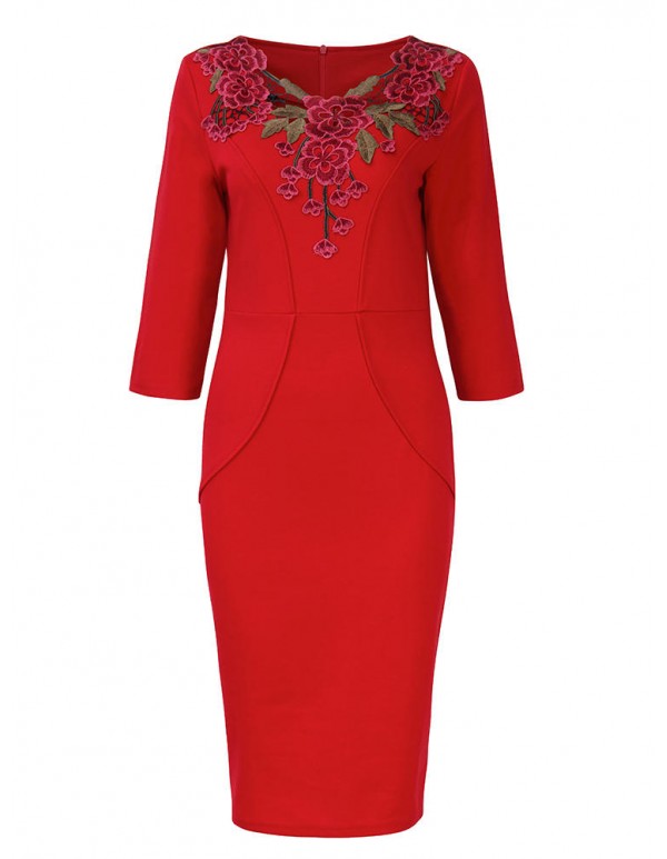 Vintage Rose Embroidery 3/4 Sleeve Work Cocktail Women Pencil Dress