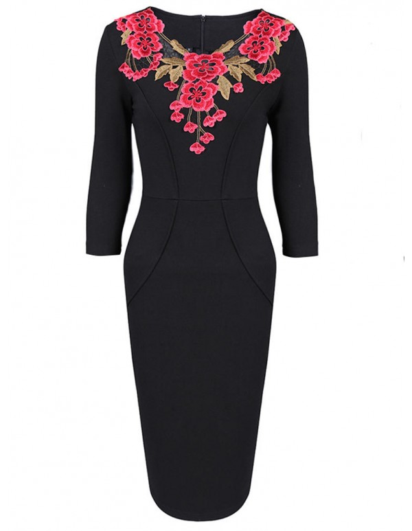 Vintage Rose Embroidery 3/4 Sleeve Work Cocktail Women Pencil Dress