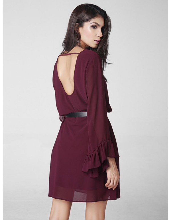 Women Casual Long Sleeve Sexy Backless Pure Color Chiffon Mini Dress