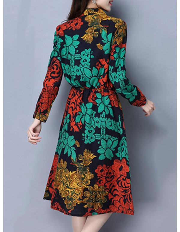 Vintage Women Plus Size Floral Print Stand Collar Long Sleeve Dress