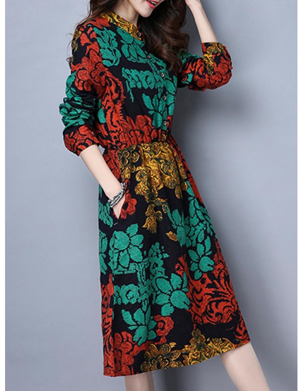 Vintage Women Plus Size Floral Print Stand Collar Long Sleeve Dress