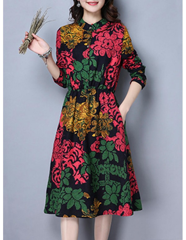 Vintage Women Plus Size Floral Print Stand Collar Long Sleeve Dress