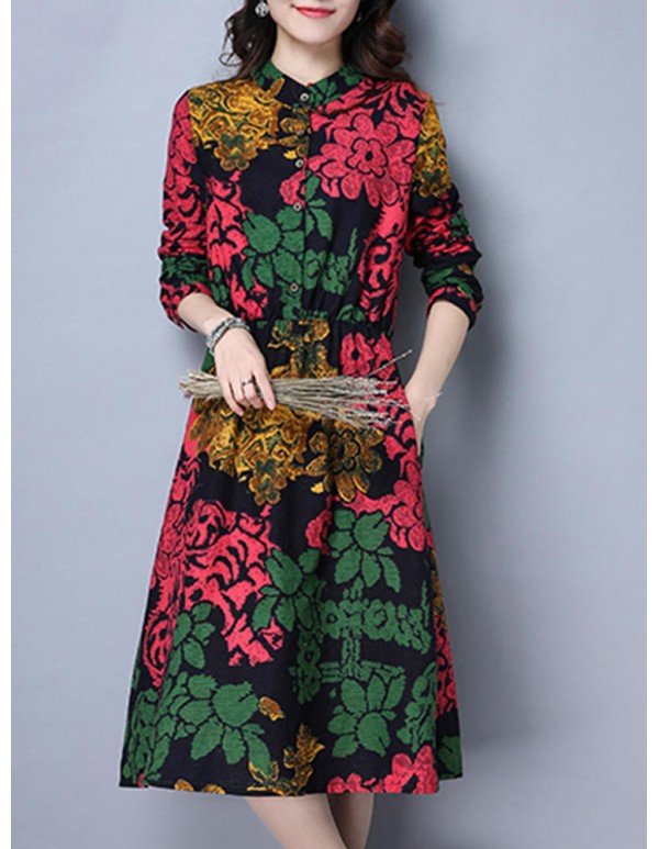 Vintage Women Plus Size Floral Print Stand Collar Long Sleeve Dress