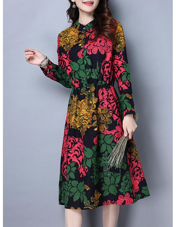 Vintage Women Plus Size Floral Print Stand Collar Long Sleeve Dress