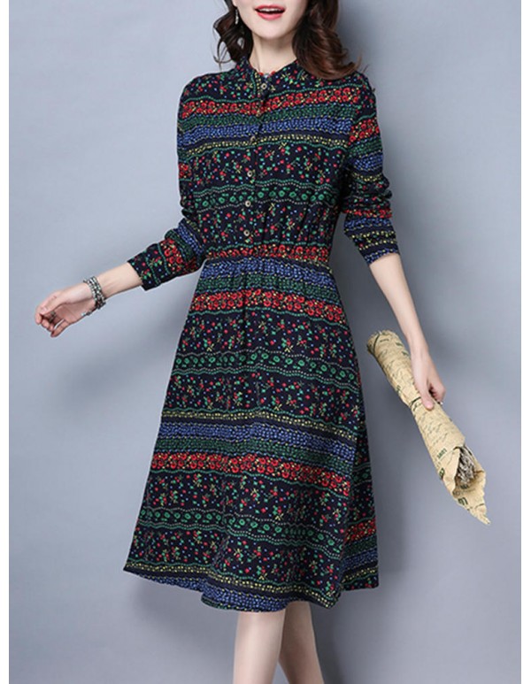 Vintage Women Floral Printed Slim Waist Stand Collar Long Sleeve Dress