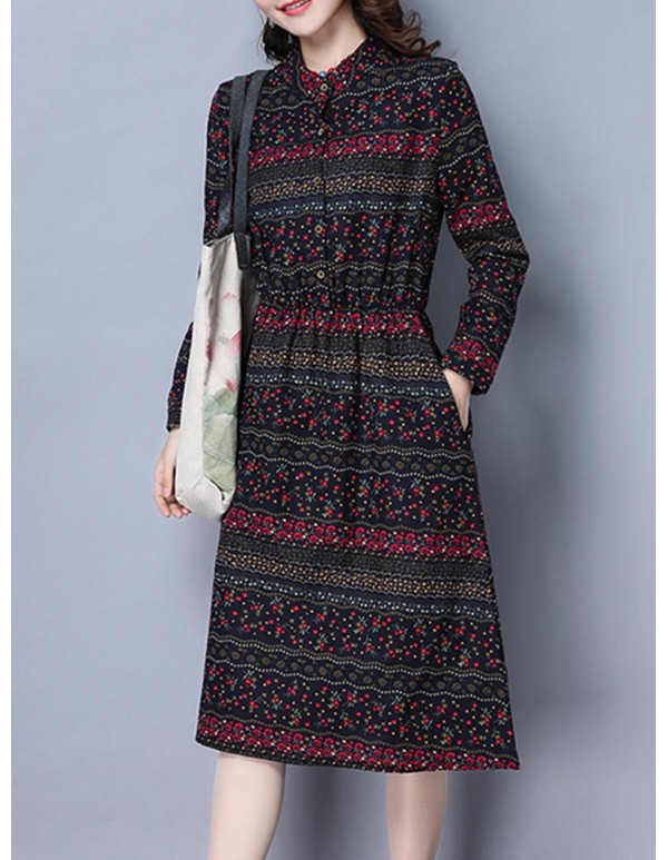 Vintage Women Floral Printed Slim Waist Stand Collar Long Sleeve Dress