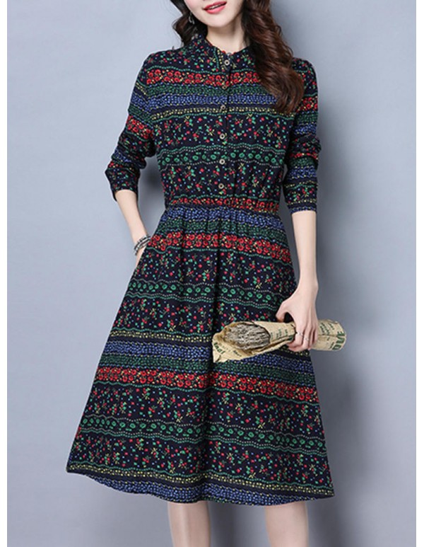 Vintage Women Floral Printed Slim Waist Stand Collar Long Sleeve Dress