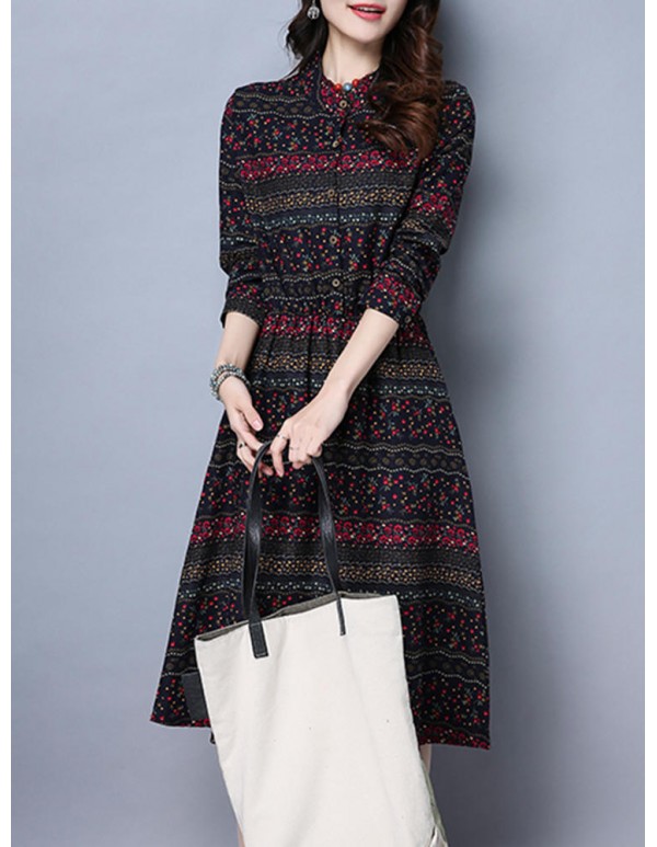 Vintage Women Floral Printed Slim Waist Stand Collar Long Sleeve Dress