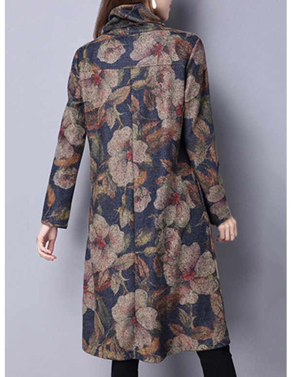 Vintage Women Floral Printed Loose High Collar Long Sleeve Dresses