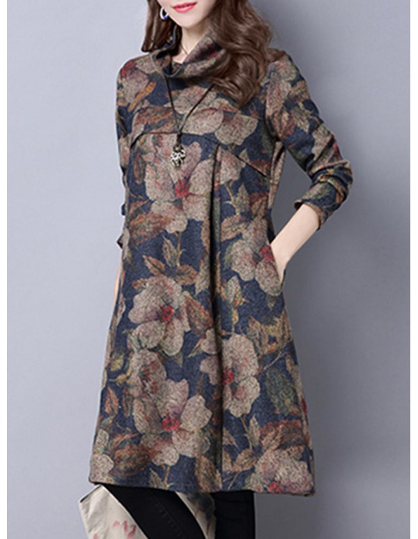 Vintage Women Floral Printed Loose High Collar Long Sleeve Dresses