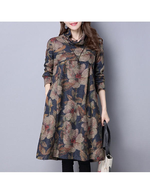 Vintage Women Floral Printed Loose High Collar Long Sleeve Dresses