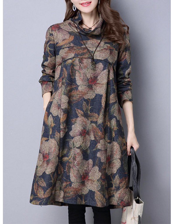 Vintage Women Floral Printed Loose High Collar Long Sleeve Dresses