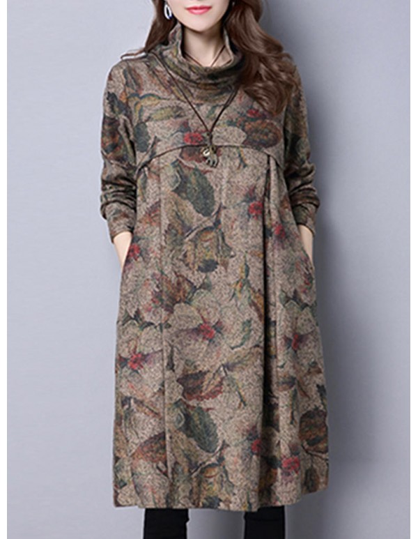 Vintage Women Floral Printed Loose High Collar Long Sleeve Dresses