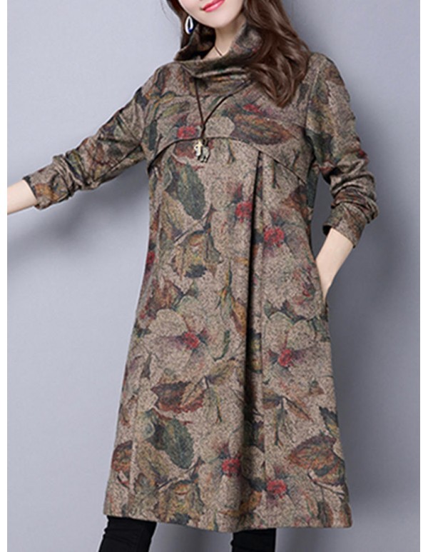 Vintage Women Floral Printed Loose High Collar Long Sleeve Dresses