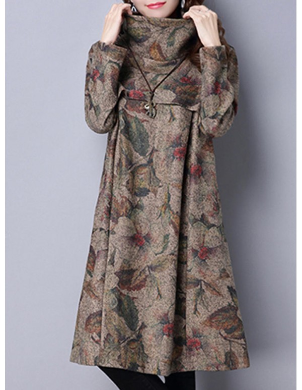 Vintage Women Floral Printed Loose High Collar Long Sleeve Dresses