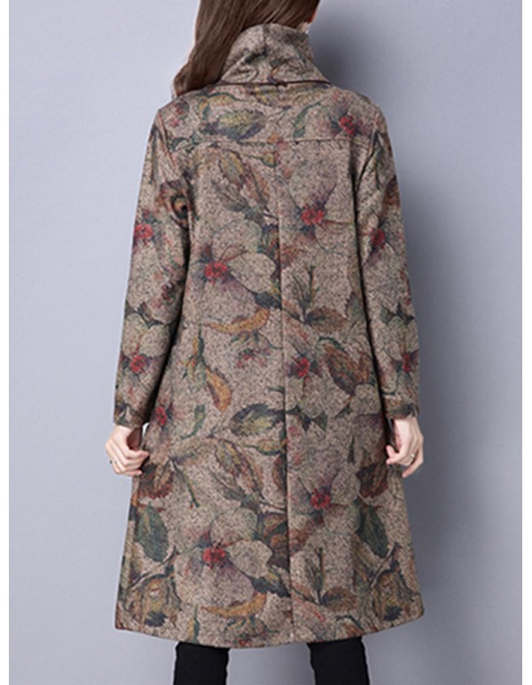 Vintage Women Floral Printed Loose High Collar Long Sleeve Dresses