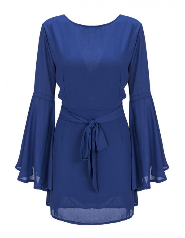 Casual Women Long Trumpet Sleeve Ruffles Backless Chiffon Mini Dress