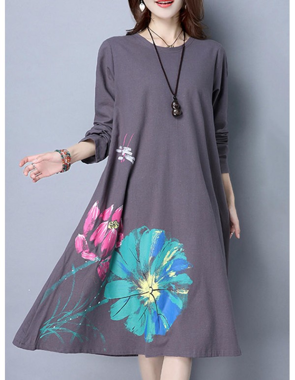 Women Long Sleeve Floral Printed Pure Color Vintage Dresses