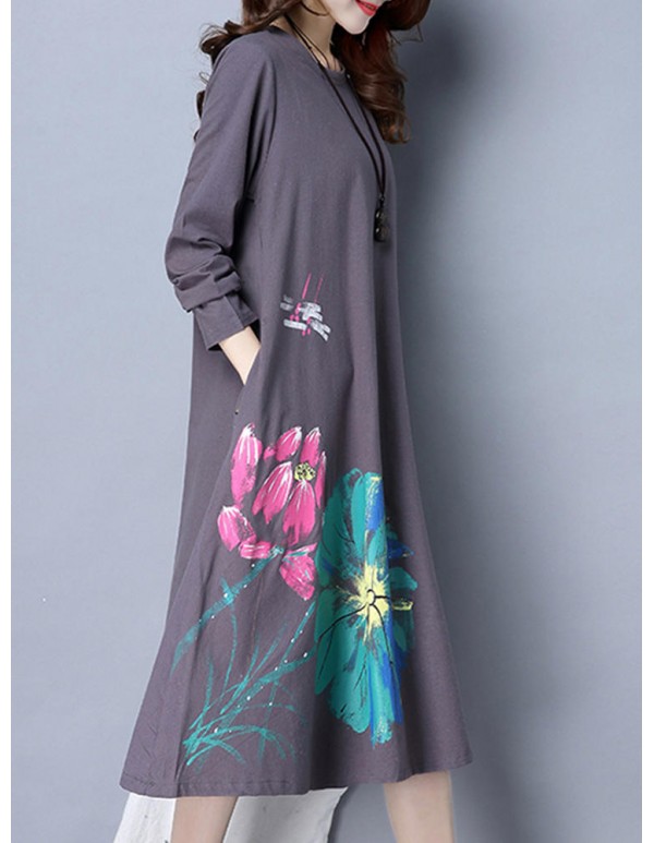 Women Long Sleeve Floral Printed Pure Color Vintage Dresses