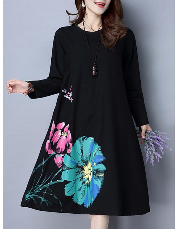 Women Long Sleeve Floral Printed Pure Color Vintage Dresses