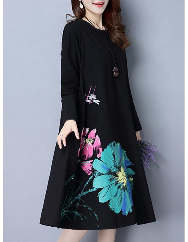 Women Long Sleeve Floral Printed Pure Color Vintage Dresses