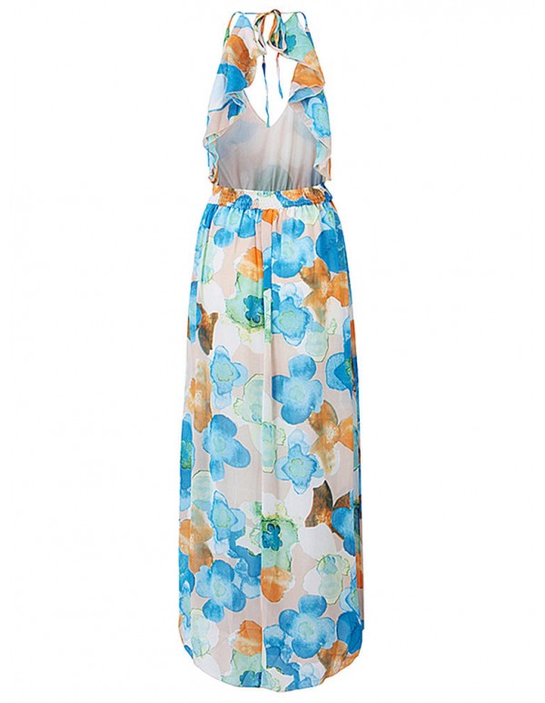 Women Chiffon V-Neck Spaghetti Strap Backless Floral Printed Maxi Dress