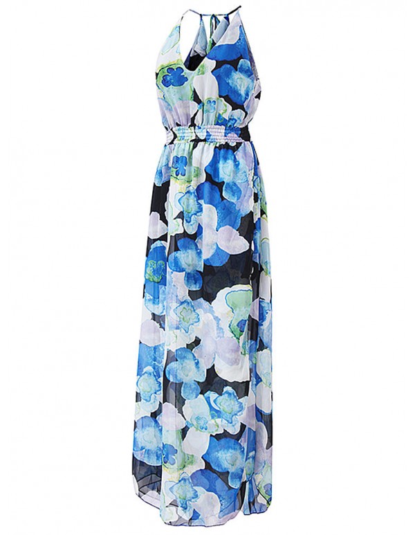 Women Chiffon V-Neck Spaghetti Strap Backless Floral Printed Maxi Dress