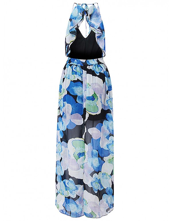 Women Chiffon V-Neck Spaghetti Strap Backless Floral Printed Maxi Dress