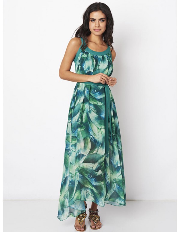 Bohemian Women Feather Print Chiffon Loose Hem Maxi Dress With Belt