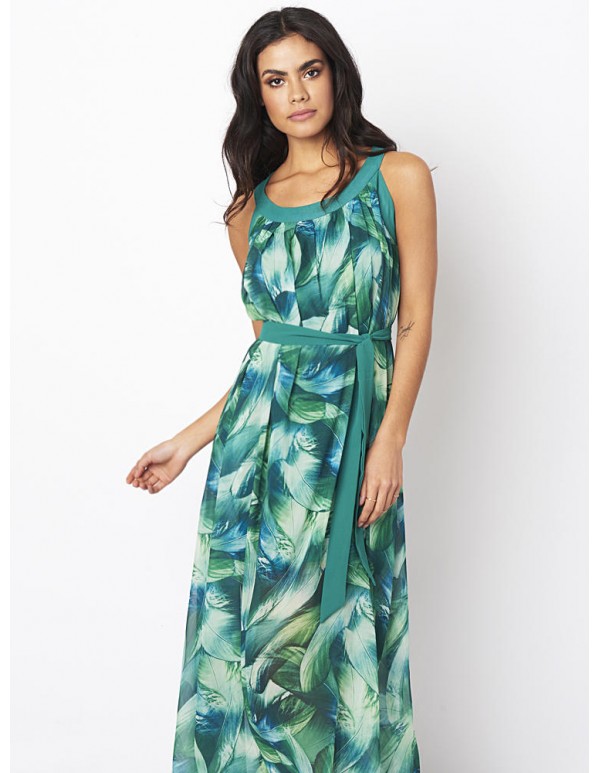 Bohemian Women Feather Print Chiffon Loose Hem Maxi Dress With Belt