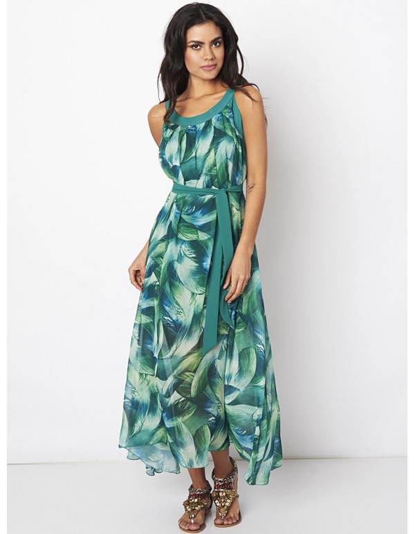 Bohemian Women Feather Print Chiffon Loose Hem Maxi Dress With Belt